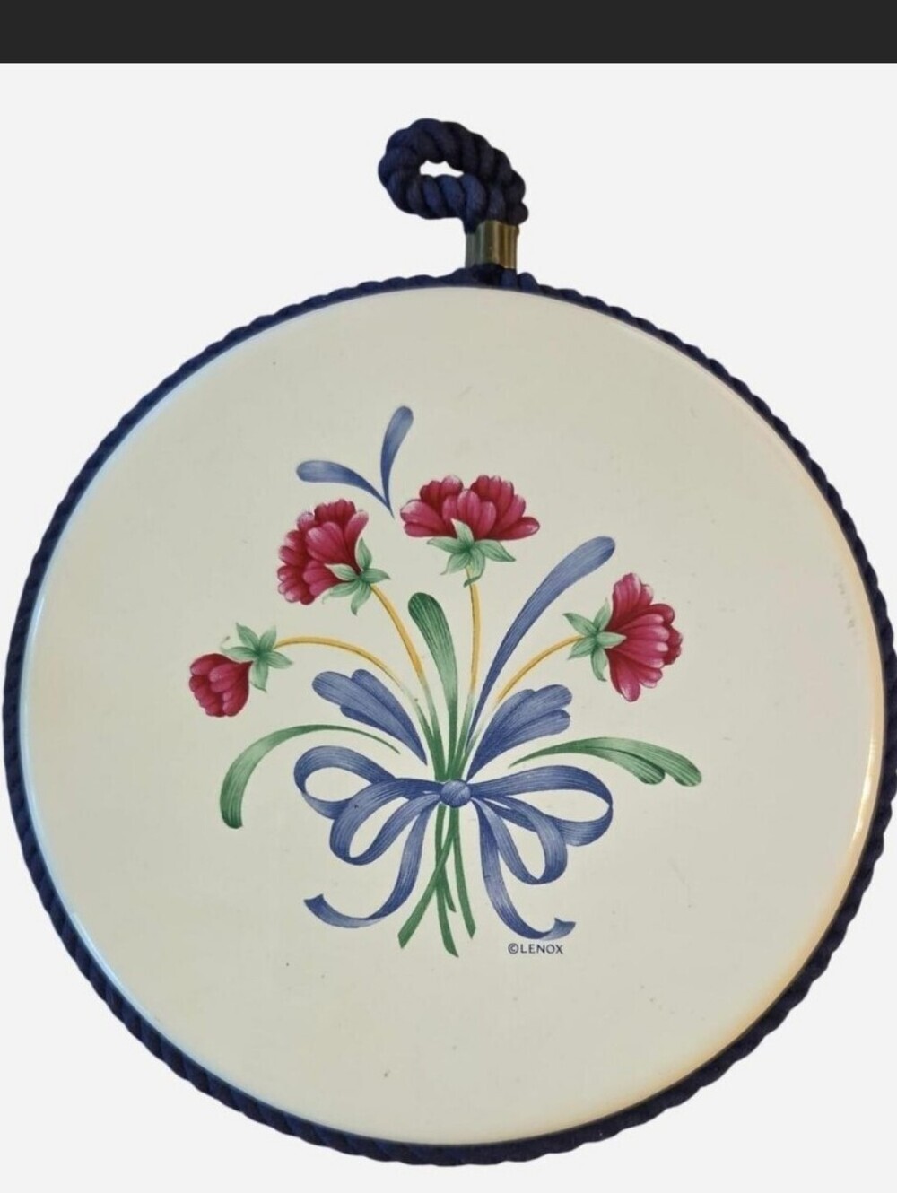Lenox Poppies Trivet Blue Ribbon with Pink Floral Cottage Grandma